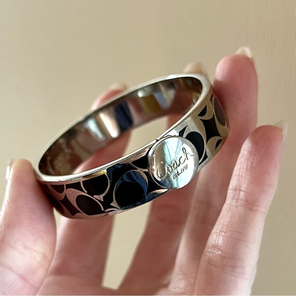 Coach black and silver c monogram bracelet bangle with click clack closure